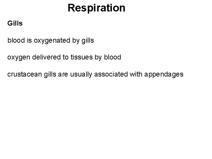 Respiration Gills blood is oxygenated by gills oxygen delivered to tissues by blood crustacean