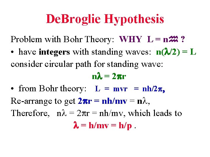 De. Broglie Hypothesis Problem with Bohr Theory: WHY L = n ? • have