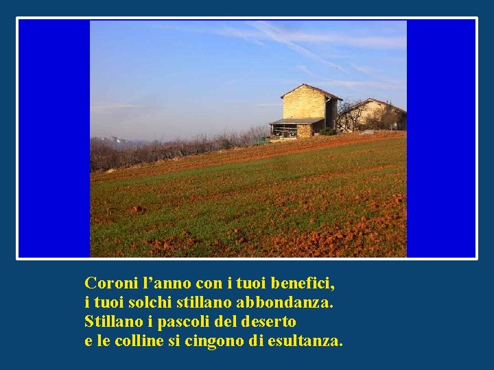Coroni l’anno con i tuoi benefici, i tuoi solchi stillano abbondanza. Stillano i pascoli