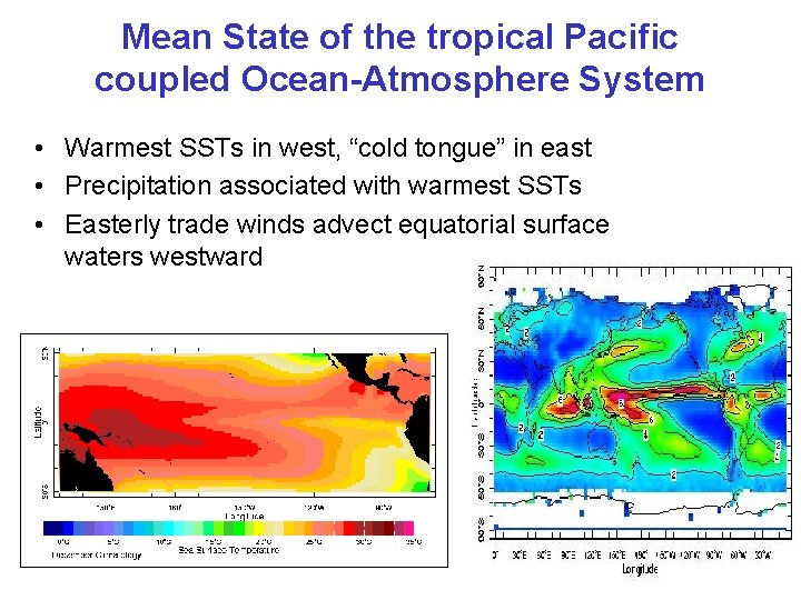 Mean State of the tropical Pacific coupled Ocean-Atmosphere System • Warmest SSTs in west,