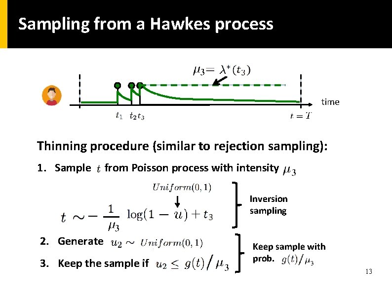 Sampling from a Hawkes process time Thinning procedure (similar to rejection sampling): 1. Sample