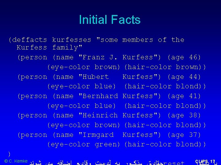 Initial Facts (deffacts kurfesses "some members of the Kurfess family" (person (name "Franz J.