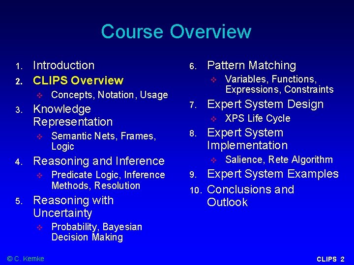 Course Overview 1. 2. Introduction CLIPS Overview 3. Knowledge Representation 4. Semantic Nets, Frames,
