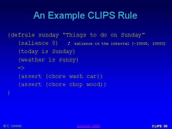 An Example CLIPS Rule (defrule sunday “Things to do on Sunday” (salience 0) ;