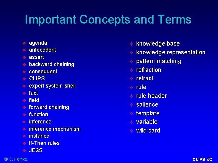 Important Concepts and Terms © C. Kemke agenda antecedent assert backward chaining consequent CLIPS