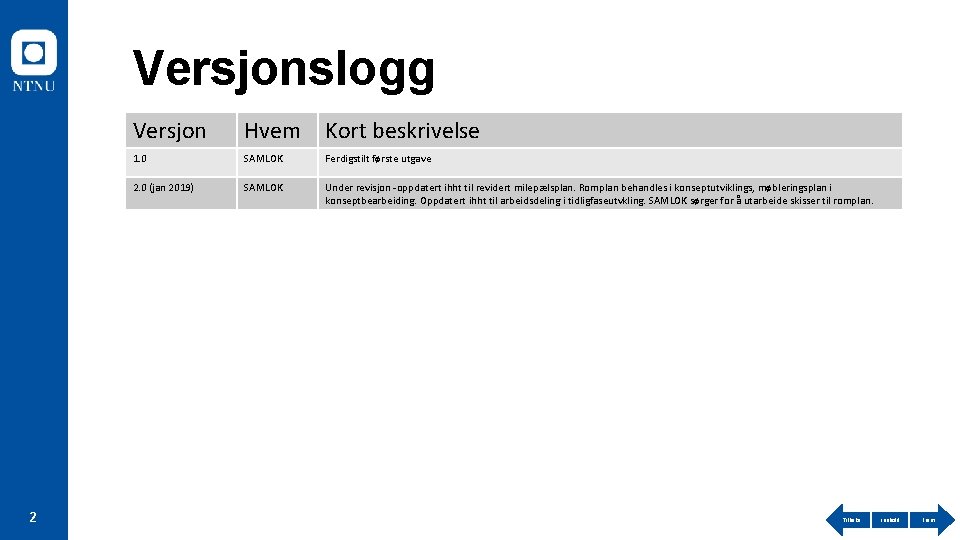 Versjonslogg 2 Versjon Hvem Kort beskrivelse 1. 0 SAMLOK Ferdigstilt første utgave 2. 0
