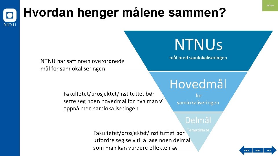 Behov Hvordan henger målene sammen? NTNUs NTNU har satt noen overordnede mål for samlokaliseringen