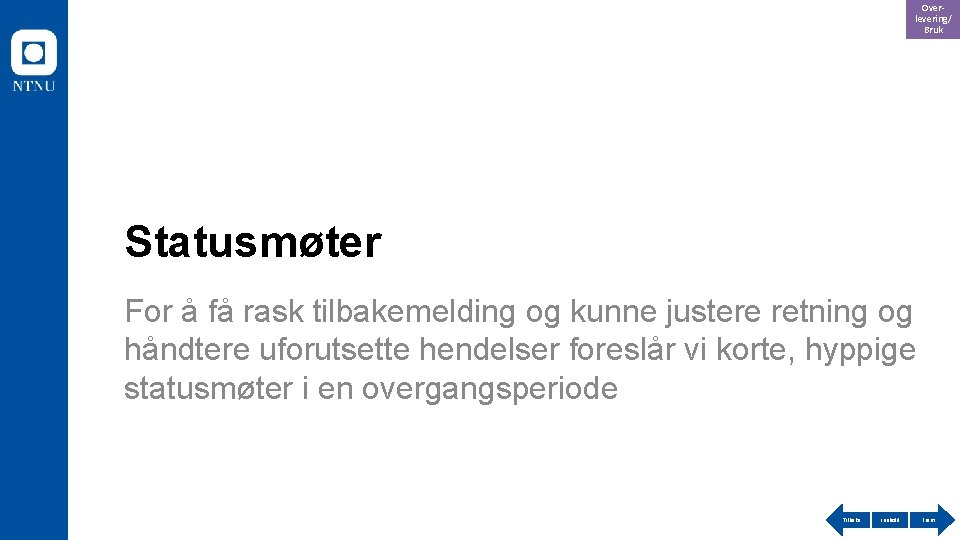 Overlevering/ Bruk Statusmøter For å få rask tilbakemelding og kunne justere retning og håndtere