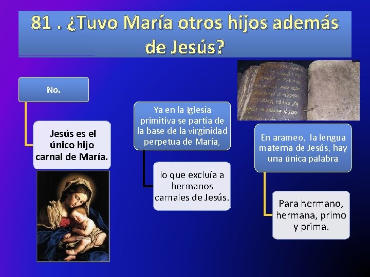 81. ¿Tuvo María otros hijos además de Jesús? No. Jesús es el único hijo