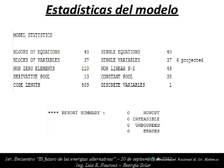 Estadísticas del modelo 1 er. Encuentro “El futuro de las energías alternativas” ~ 20