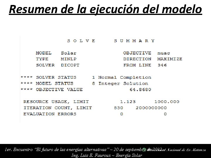 Resumen de la ejecución del modelo 1 er. Encuentro “El futuro de las energías