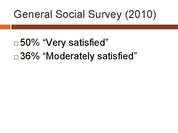 General Social Survey (2010) 50% “Very satisfied” 36% “Moderately satisfied” 