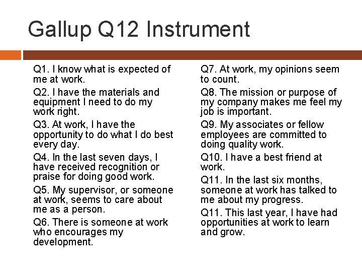 Gallup Q 12 Instrument Q 1. I know what is expected of me at