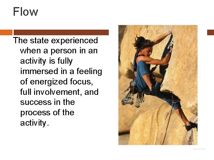 Flow The state experienced when a person in an activity is fully immersed in
