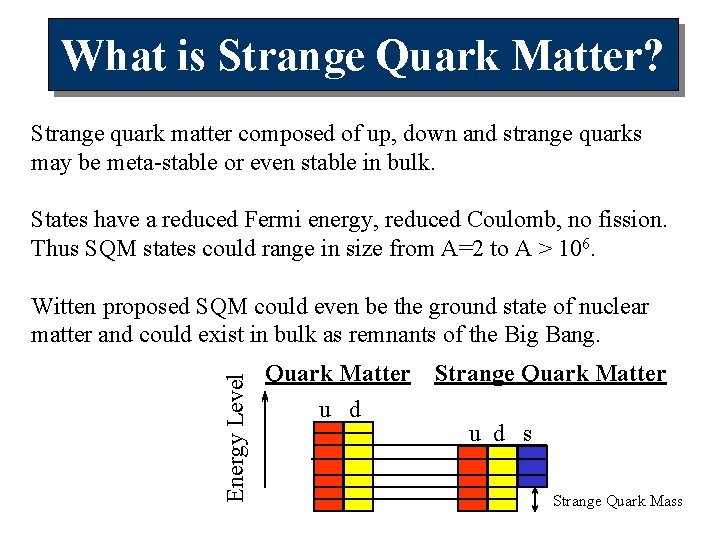 What is Strange Quark Matter? Strange quark matter composed of up, down and strange