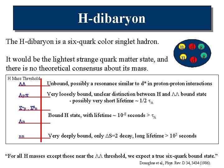 H-dibaryon The H-dibaryon is a six-quark color singlet hadron. It would be the lightest