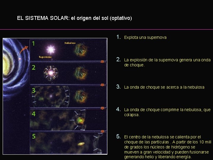 EL SISTEMA SOLAR: el origen del sol (optativo) 1. Explota una supernova 2. La