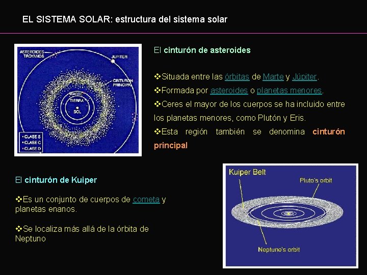 EL SISTEMA SOLAR: estructura del sistema solar El cinturón de asteroides v. Situada entre