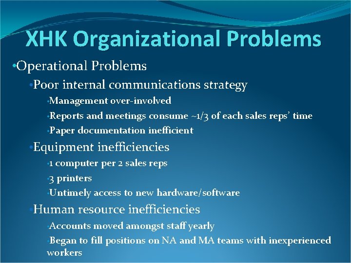 XHK Organizational Problems • Operational Problems • Poor internal communications strategy • Management over-involved XHK Organizational Problems • Operational Problems • Poor internal communications strategy • Management over-involved