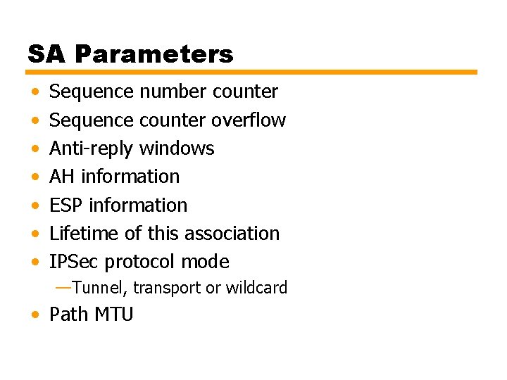SA Parameters • • Sequence number counter Sequence counter overflow Anti-reply windows AH information