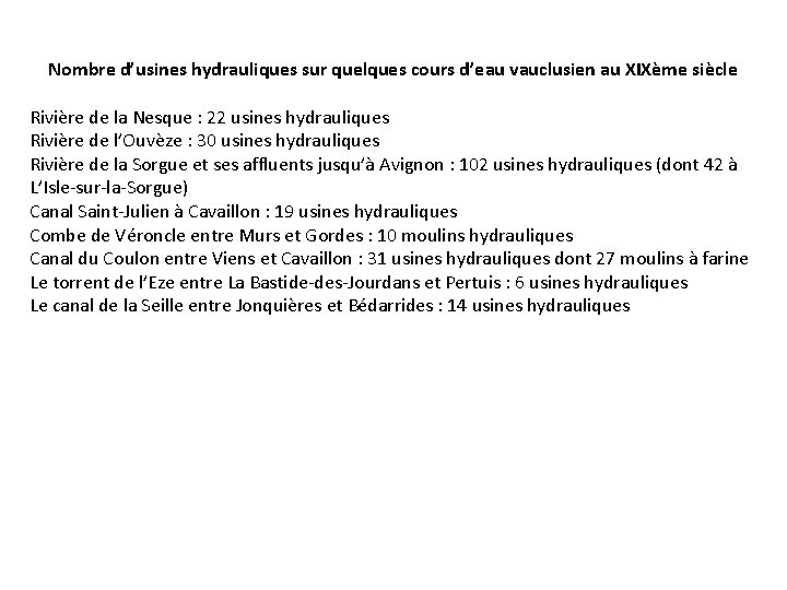 Nombre d’usines hydrauliques sur quelques cours d’eau vauclusien au XIXème siècle Rivière de la