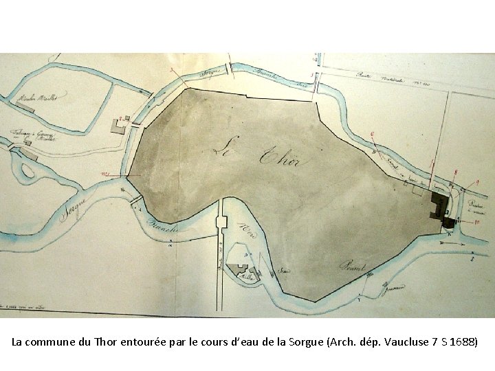 La commune du Thor entourée par le cours d’eau de la Sorgue (Arch. dép.