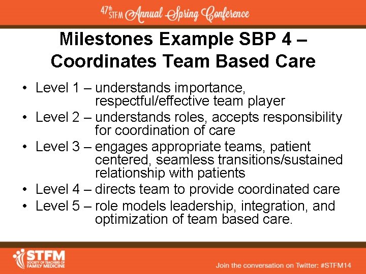 Milestones Example SBP 4 – Coordinates Team Based Care • Level 1 – understands