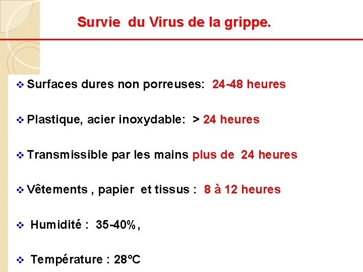 Survie du Virus de la grippe. v Surfaces dures non porreuses: 24 -48 heures