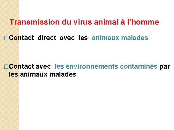 Transmission du virus animal à l’homme �Contact direct avec les animaux malades �Contact avec