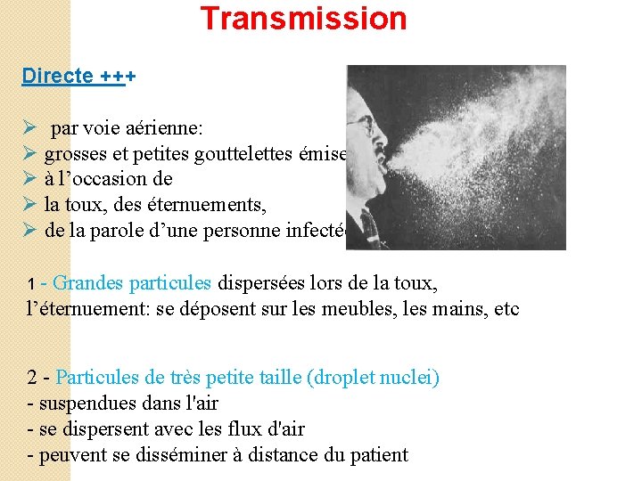  Transmission Directe +++ Ø par voie aérienne: Ø grosses et petites gouttelettes émises