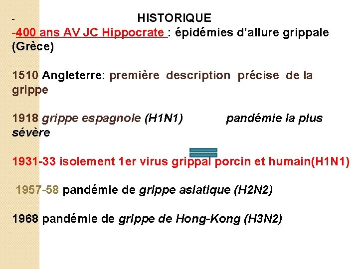 - HISTORIQUE -400 ans AV JC Hippocrate : épidémies d’allure grippale (Grèce) 1510 Angleterre: