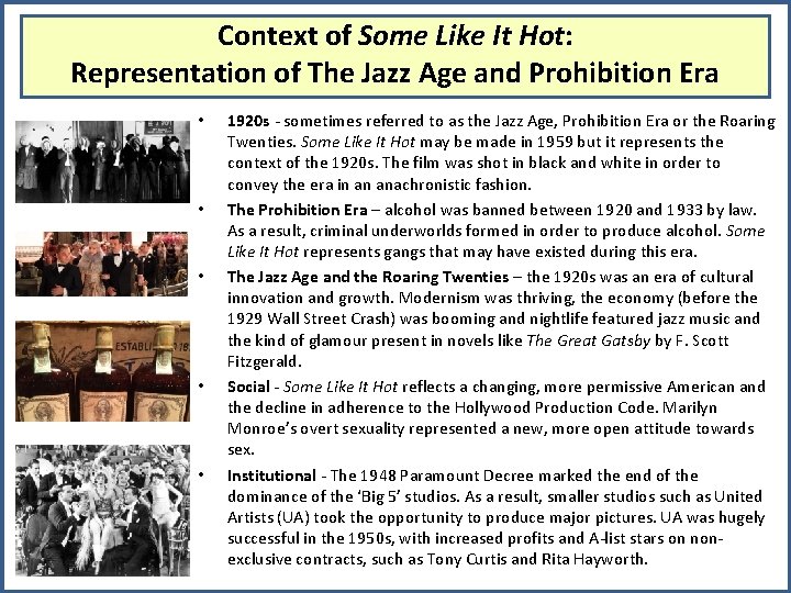 Context of Some Like It Hot: Representation of The Jazz Age and Prohibition Era