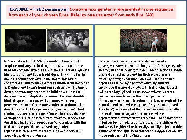 [EXAMPLE – first 2 paragraphs] Compare how gender is represented in one sequence from