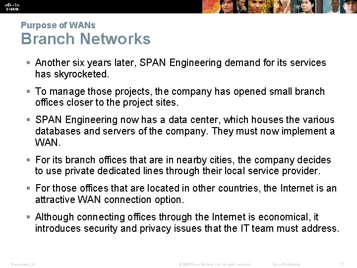 Purpose of WANs Branch Networks § Another six years later, SPAN Engineering demand for