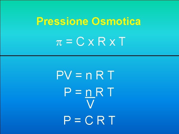 Pressione Osmotica =Cx. Rx. T PV = n R T P=n. RT V P=CRT