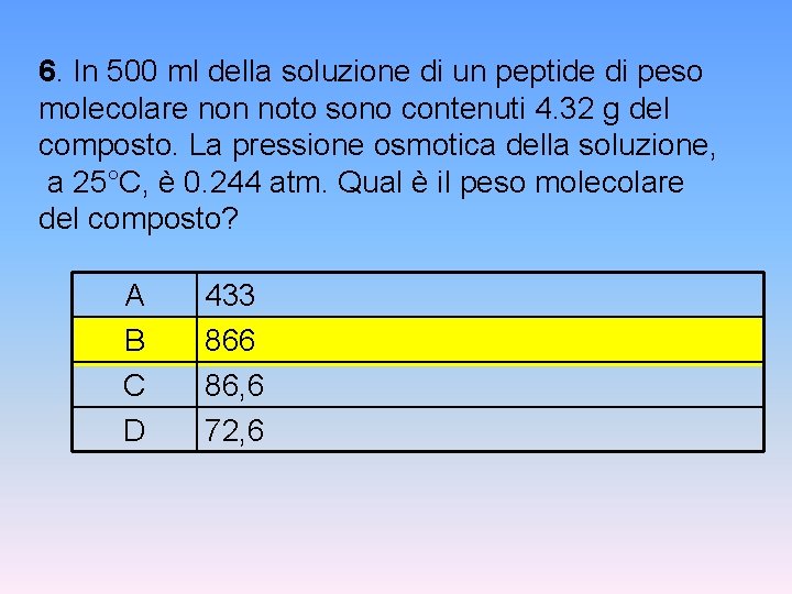 6. In 500 ml della soluzione di un peptide di peso molecolare non noto