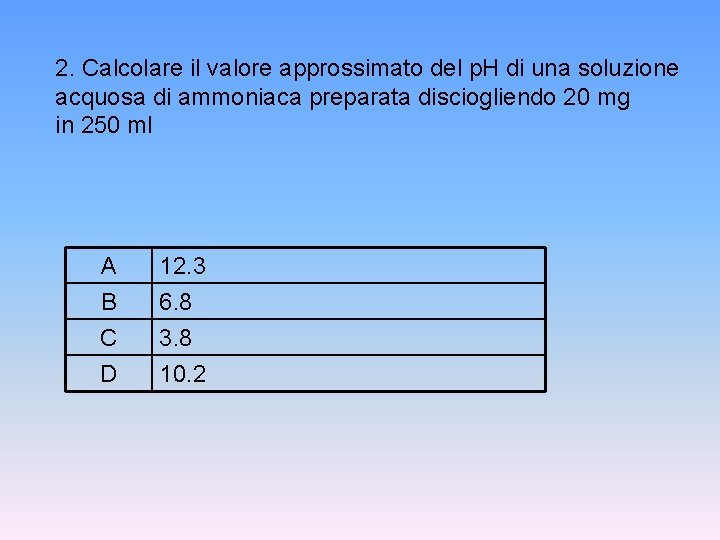 2. Calcolare il valore approssimato del p. H di una soluzione acquosa di ammoniaca