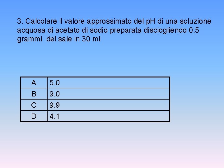 3. Calcolare il valore approssimato del p. H di una soluzione acquosa di acetato