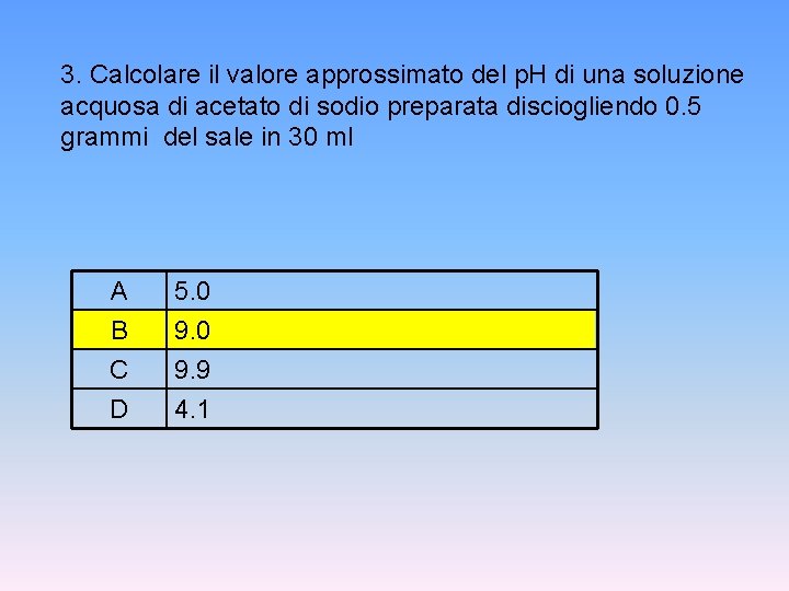 3. Calcolare il valore approssimato del p. H di una soluzione acquosa di acetato