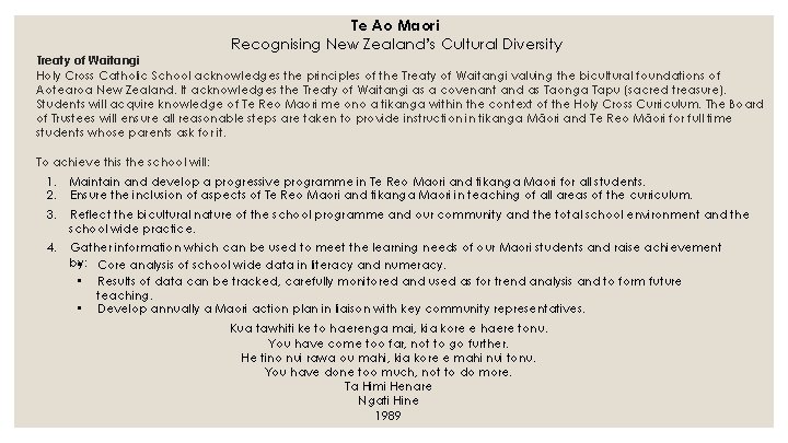 Te Ao Maori Recognising New Zealand’s Cultural Diversity Treaty of Waitangi Holy Cross Catholic