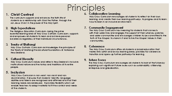 1. Christ Centred Principles The curriculum supports and enhances the faith life of students