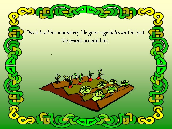 David built his monastery. He grew vegetables and helped the people around him. 