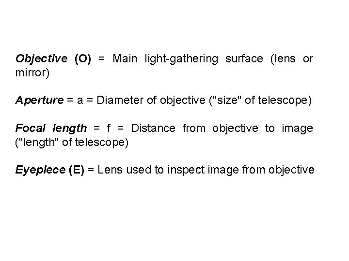 Objective (O) = Main light-gathering surface (lens or mirror) Aperture = a = Diameter