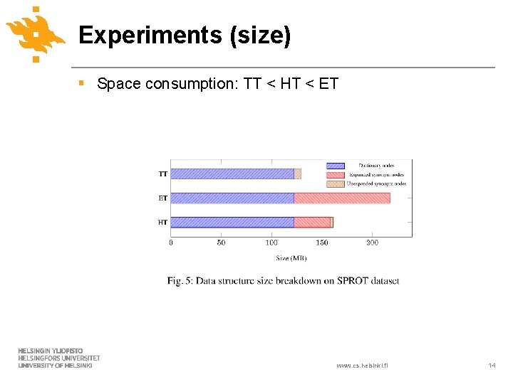 Experiments (size) § Space consumption: TT < HT < ET www. cs. helsinki. fi