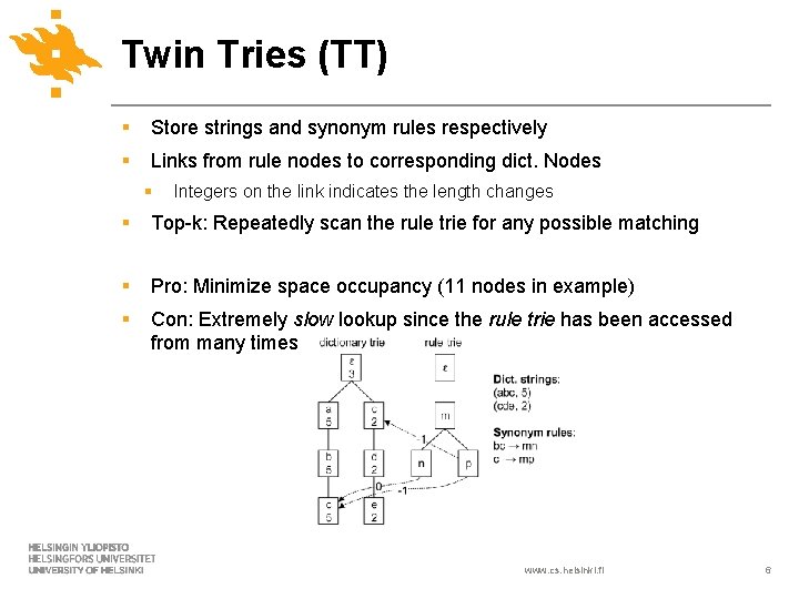 Twin Tries (TT) § Store strings and synonym rules respectively § Links from rule
