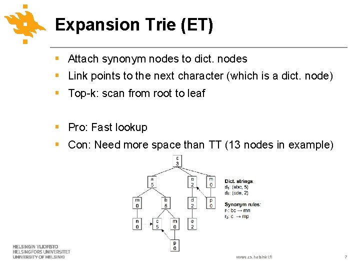 Expansion Trie (ET) § Attach synonym nodes to dict. nodes § Link points to