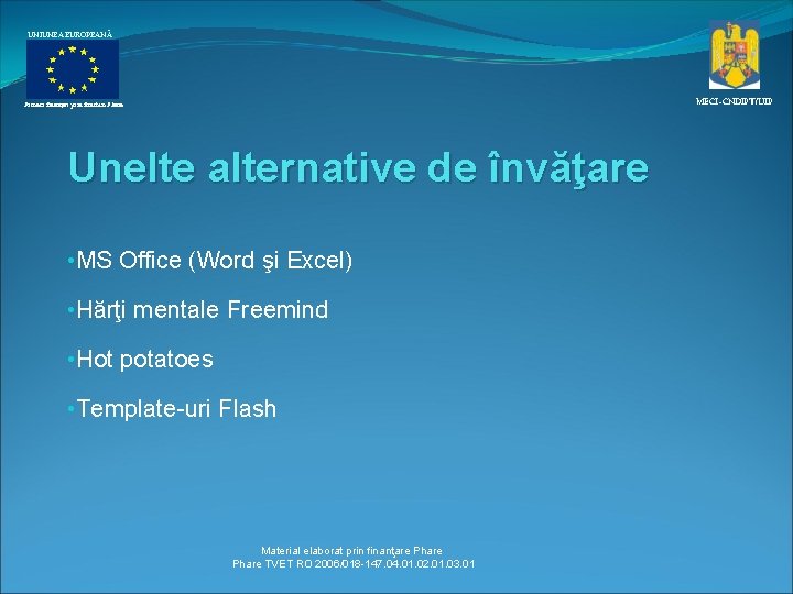 UNIUNEA EUROPEANĂ MECI–CNDIPT/UIP Proiect finanţat prin fonduri Phare Unelte alternative de învăţare • MS