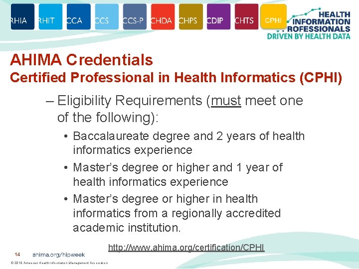 AHIMA Credentials Certified Professional in Health Informatics (CPHI) – Eligibility Requirements (must meet one