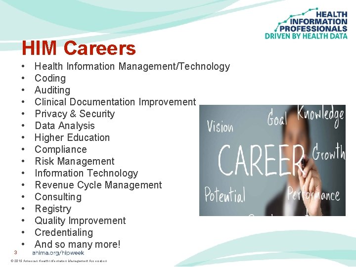 HIM Careers • • • • Health Information Management/Technology Coding Auditing Clinical Documentation Improvement