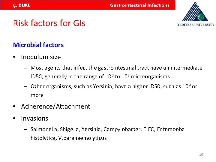 Ç. BÜKE Gastrointestinal Infections Risk factors for GIs Microbial factors • Inoculum size –